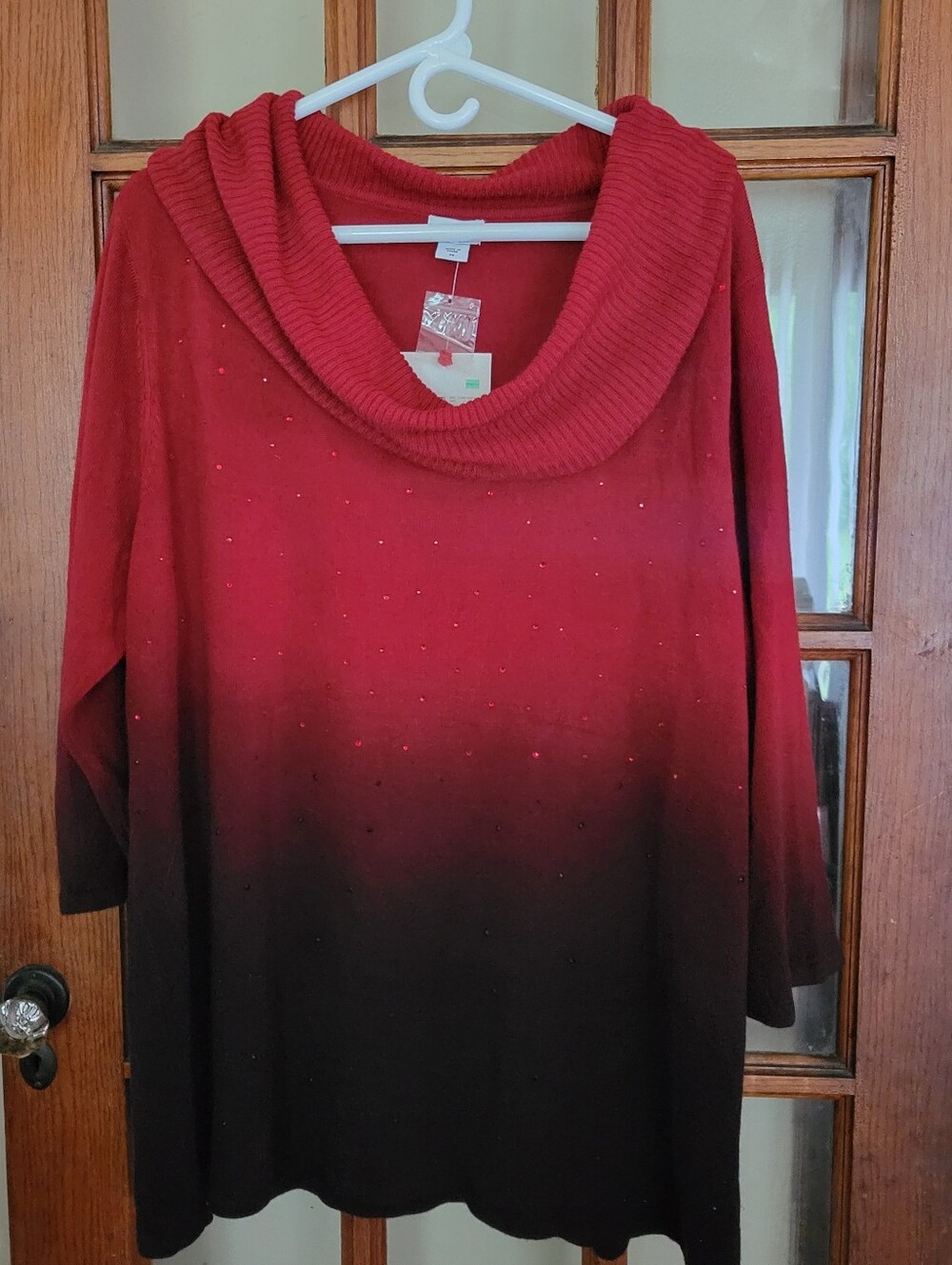 Jaclyn Smith Women 3X Red Black Ombre Cowl Neck Knit Sweater Beaded Embellished